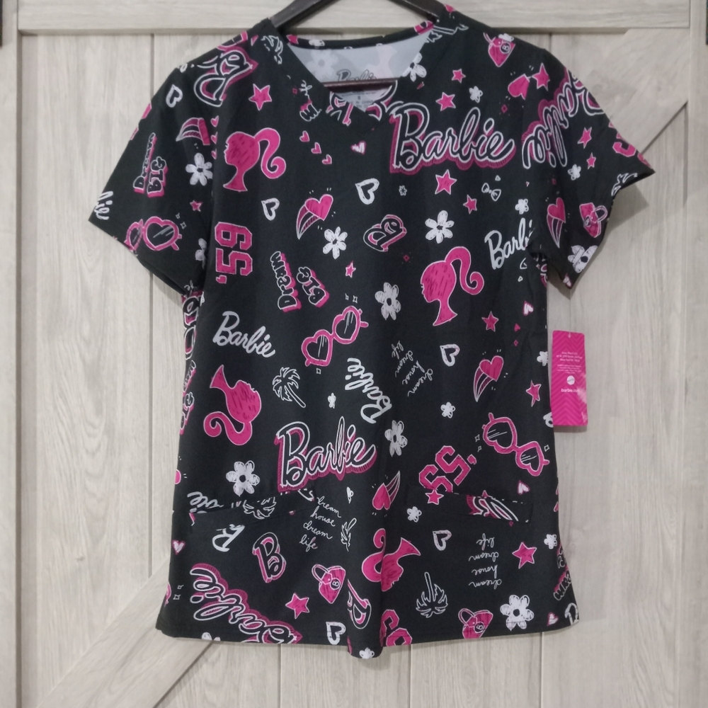 NWT-Barbie Medical Uniform 4-Way V-Neck Black & White Women's Scrub Top-Size M